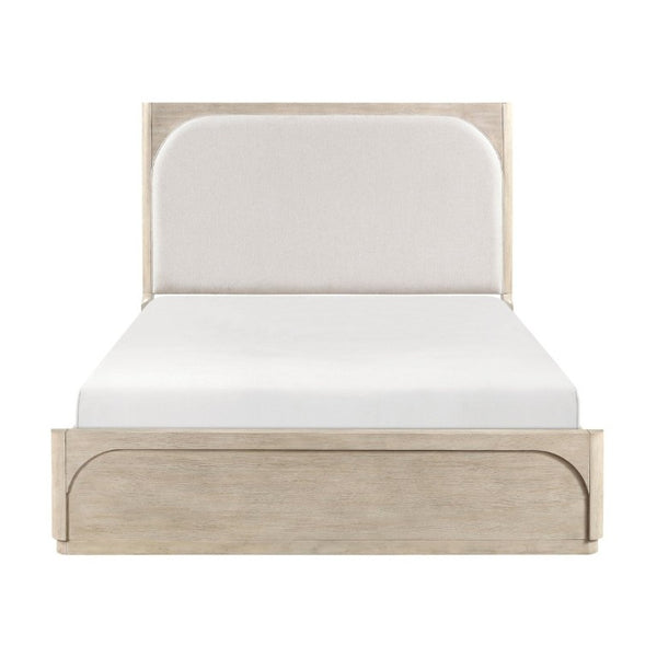 English Elm Modern California King Arched Upholstered Bed Oak Veneer Frame Beige Fabric Headboard B011S02621