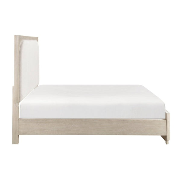 English Elm Modern California King Arched Upholstered Bed Oak Veneer Frame Beige Fabric Headboard B011S02621