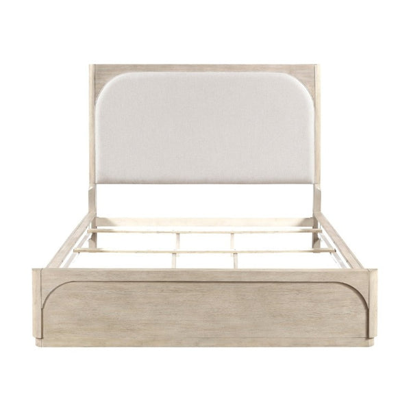 English Elm Modern California King Arched Upholstered Bed Oak Veneer Frame Beige Fabric Headboard B011S02621