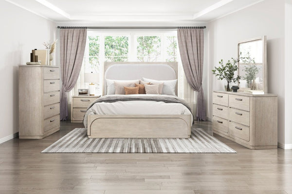 English Elm Modern California King Arched Upholstered Bed Oak Veneer Frame Beige Fabric Headboard B011S02621