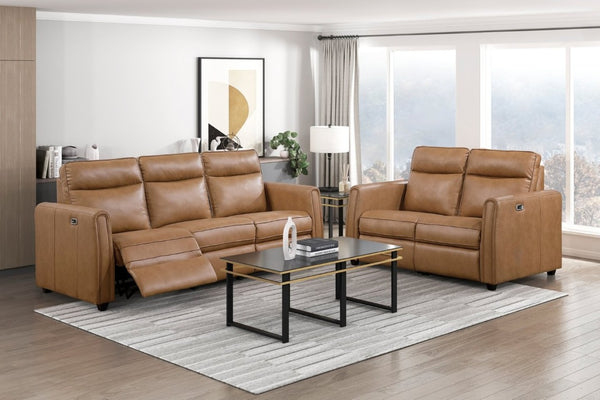 English Elm Modern Power Reclining Sofa Set Faux Leather Zero Wall Design with USB Charging Ports Brown - B B011S02630