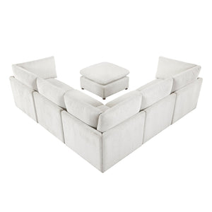 English Elm Luxury Beige Chenille 6 Piece Modular Sectional with Ottoman and Pocket Coil Support B011S02643