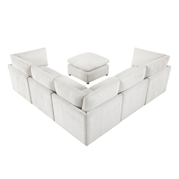 English Elm Luxury Beige Chenille 6 Piece Modular Sectional with Ottoman and Pocket Coil Support B011S02643