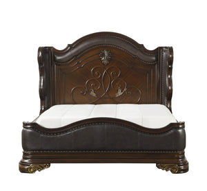 English Elm Royal Wingback Queen Bed Carved Scrollwork Faux Leather Nailhead Dark Cherry Formal B011S02647