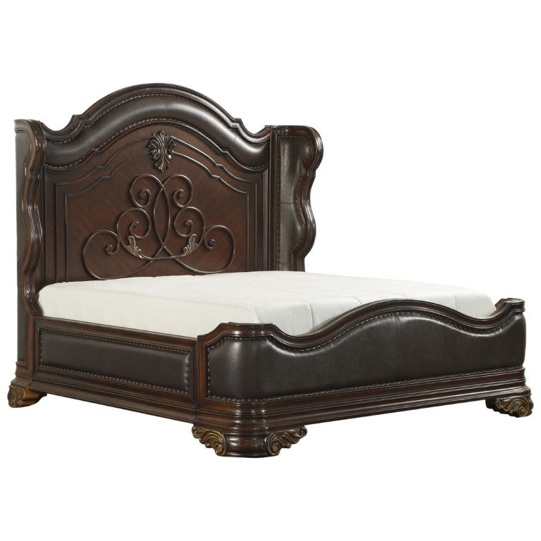 English Elm Royal Wingback California King Bed Carved Cherry Wood Faux Leather Nailhead Trim B011S02648