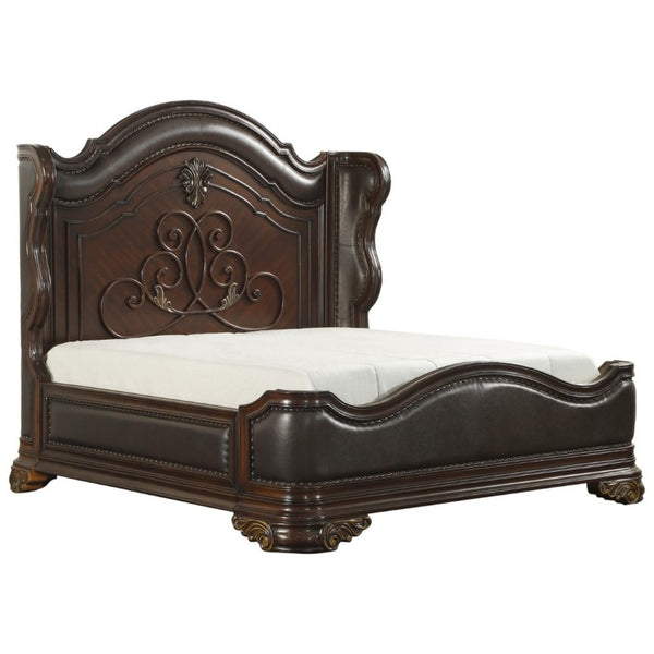 English Elm Royal Wingback California King Bed Carved Cherry Wood Faux Leather Nailhead Trim B011S02648