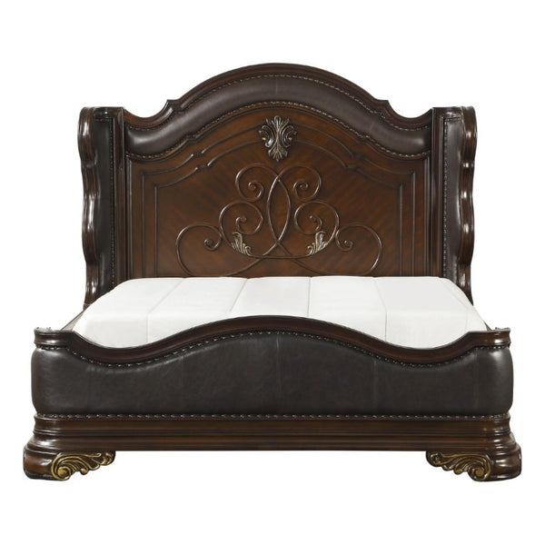 English Elm Royal Wingback California King Bed Carved Cherry Wood Faux Leather Nailhead Trim B011S02648