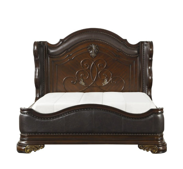 English Elm Royal Wingback California King Bed Carved Cherry Wood Faux Leather Nailhead Trim B011S02648