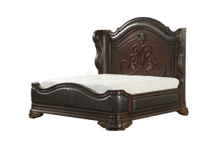 English Elm Royal Wingback California King Bed Carved Cherry Wood Faux Leather Nailhead Trim B011S02648
