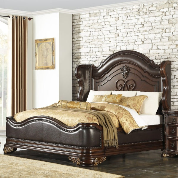 English Elm Royal Wingback California King Bed Carved Cherry Wood Faux Leather Nailhead Trim B011S02648