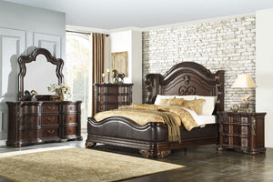 English Elm Royal Wingback California King Bed Carved Cherry Wood Faux Leather Nailhead Trim B011S02648