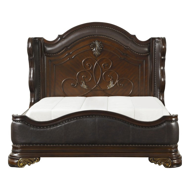 English Elm Royal Wingback King Bed Faux Leather Nailhead Carved Wood Formal Master Bedroom B011S02649