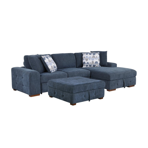 English Elm Blue Chenille Sectional Sofa with Pull Out Sleeper Chaise Storage Ottoman Tufted Living Room Right Chaise B011S02652