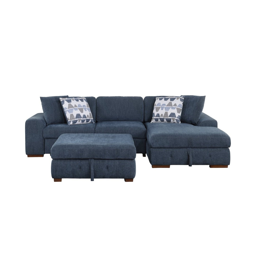 English Elm Blue Chenille Sectional Sofa with Pull Out Sleeper Chaise Storage Ottoman Tufted Living Room Right Chaise B011S02652