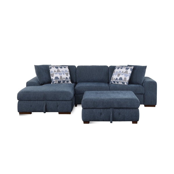 English Elm Blue Chenille Sectional Sofa with Pull Out Sleeper Chaise Storage Ottoman Tufted Living Room Left Chaise B011S02653