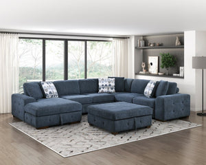 English Elm Modern Chenille Sectional Sofa with Pull Out Sleeper Storage Chaise Tufted Cushions Blue Left Chaise B011S02656