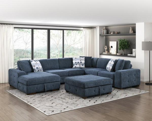 English Elm Modern Chenille Sectional Sofa with Pull Out Sleeper Storage Chaise Tufted Cushions Blue Left Chaise B011S02656