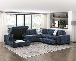 English Elm Modern Chenille Sectional Sofa with Pull Out Sleeper Storage Chaise Tufted Cushions Blue Left Chaise B011S02656