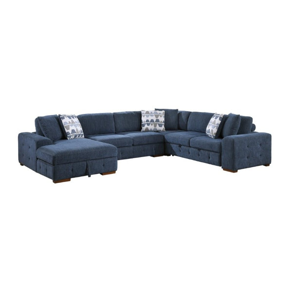 English Elm Modern Chenille Sectional Sofa with Pull Out Sleeper Storage Chaise Tufted Cushions Blue Left Chaise B011S02656