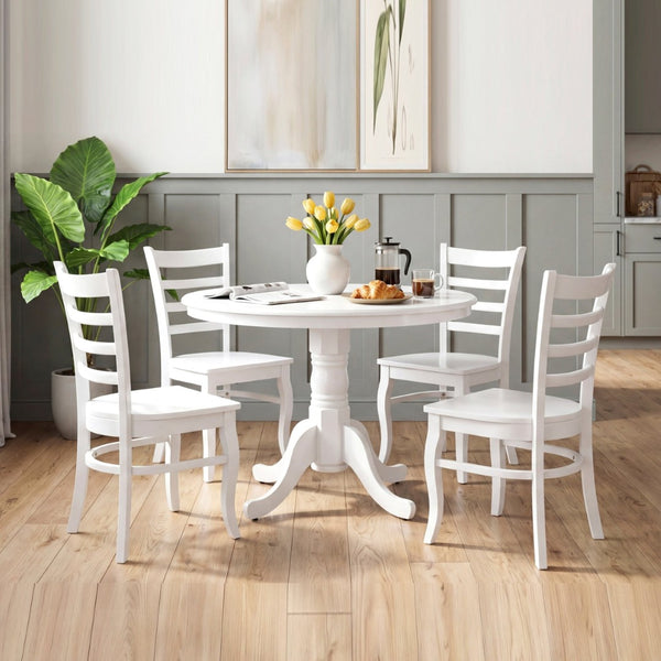 English Elm 5pc White Round Pedestal Dining Set Ladder Back Chairs Farmhouse Breakfast Nook B011S02658