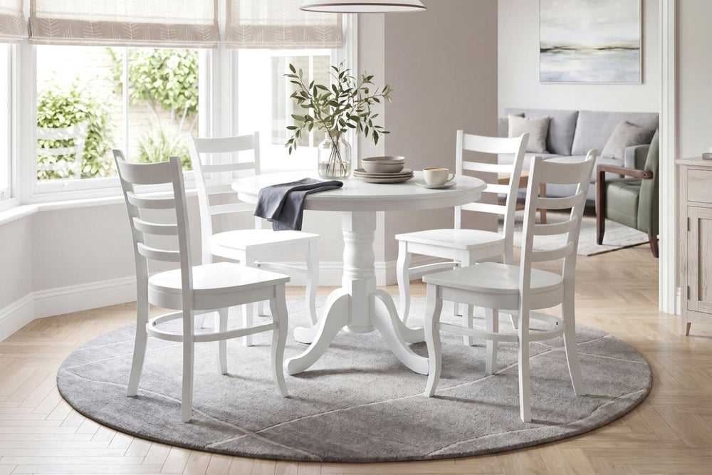 English Elm 5pc White Round Pedestal Dining Set Ladder Back Chairs Farmhouse Breakfast Nook B011S02658