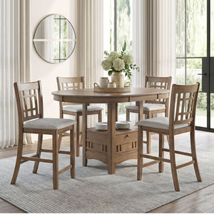 English Elm Brown Wood Counter Height Dining Set with Storage Base Extendable Round Table 4 Chairs B011S02659