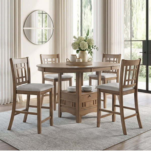 English Elm Brown Wood Counter Height Dining Set with Storage Base Extendable Round Table 4 Chairs B011S02659