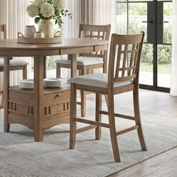 English Elm Brown Wood Counter Height Dining Set with Storage Base Extendable Round Table 4 Chairs B011S02659