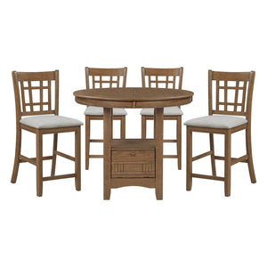English Elm Brown Wood Counter Height Dining Set with Storage Base Extendable Round Table 4 Chairs B011S02659