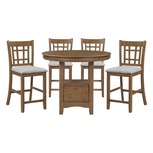 English Elm Brown Wood Counter Height Dining Set with Storage Base Extendable Round Table 4 Chairs B011S02659
