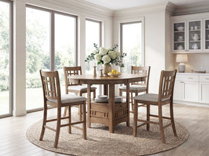 English Elm Brown Wood Counter Height Dining Set with Storage Base Extendable Round Table 4 Chairs B011S02659