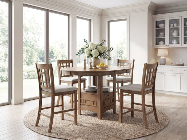 English Elm Brown Wood Counter Height Dining Set with Storage Base Extendable Round Table 4 Chairs B011S02659