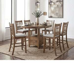 English Elm Brown Wood Counter Height Dining Set Extendable Round Table Six Upholstered Chairs B011S02660