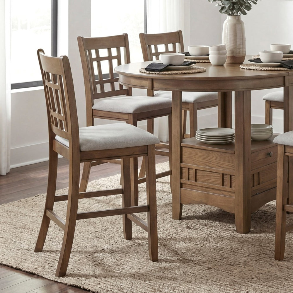 English Elm Brown Wood Counter Height Dining Set Extendable Round Table Six Upholstered Chairs B011S02660