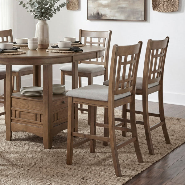 English Elm Brown Wood Counter Height Dining Set Extendable Round Table Six Upholstered Chairs B011S02660