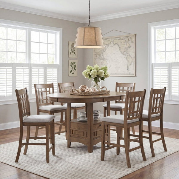 English Elm Brown Wood Counter Height Dining Set Extendable Round Table Six Upholstered Chairs B011S02660