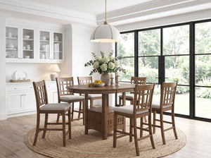 English Elm Brown Wood Counter Height Dining Set Extendable Round Table Six Upholstered Chairs B011S02660