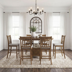 English Elm Brown Wood Counter Height Dining Set Extendable Round Table Six Upholstered Chairs B011S02660