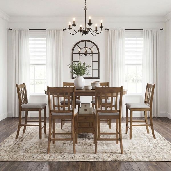 English Elm Brown Wood Counter Height Dining Set Extendable Round Table Six Upholstered Chairs B011S02660
