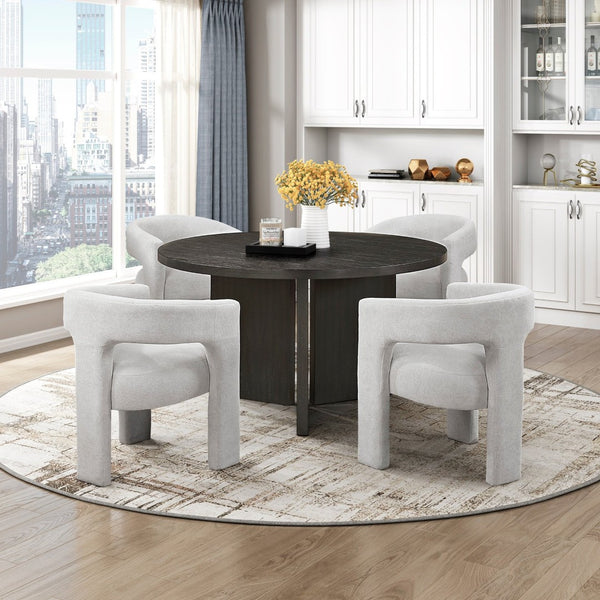 English Elm Contemporary Round Oak Veneer Dining Set with Boucle Armchairs for Four B011S02663