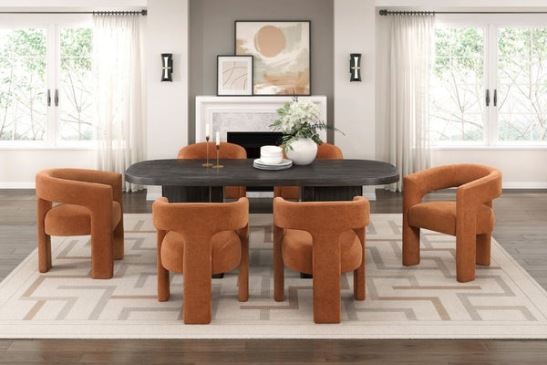 English Elm Modern Seven Piece Dining Set Oak Veneer Table Six Boucle Armchairs Ebony Finish B011S02668