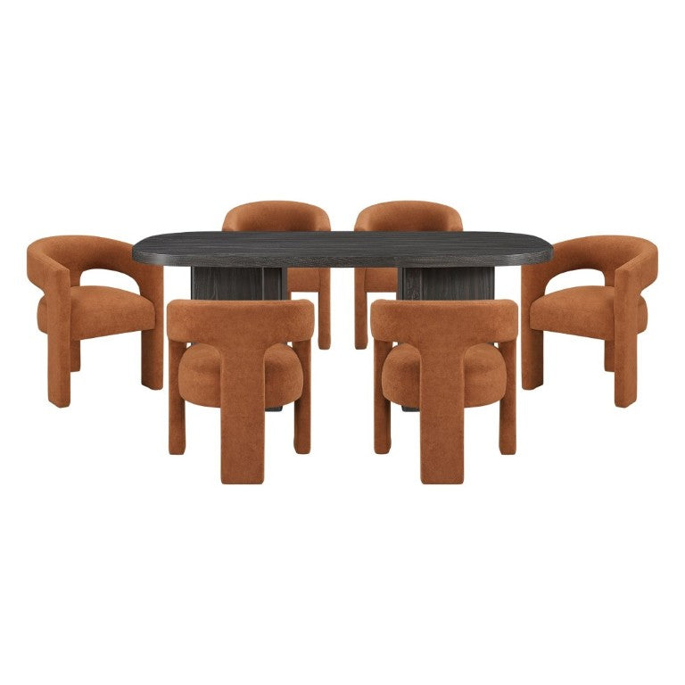 English Elm Modern Seven Piece Dining Set Oak Veneer Table Six Boucle Armchairs Ebony Finish B011S02668