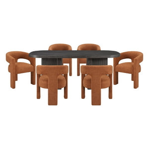 English Elm Modern Seven Piece Dining Set Oak Veneer Table Six Boucle Armchairs Ebony Finish B011S02668