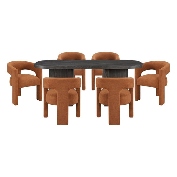 English Elm Modern Seven Piece Dining Set Oak Veneer Table Six Boucle Armchairs Ebony Finish B011S02668