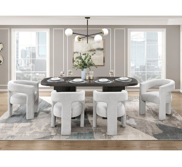 English Elm Modern Five Piece Dining Set Oak Veneer Table with Boucle Armchairs Ebony Finish B011S02670