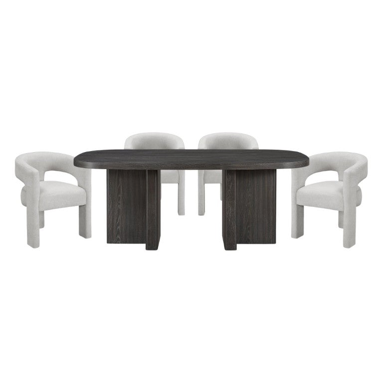 English Elm Modern Five Piece Dining Set Oak Veneer Table with Boucle Armchairs Ebony Finish B011S02670