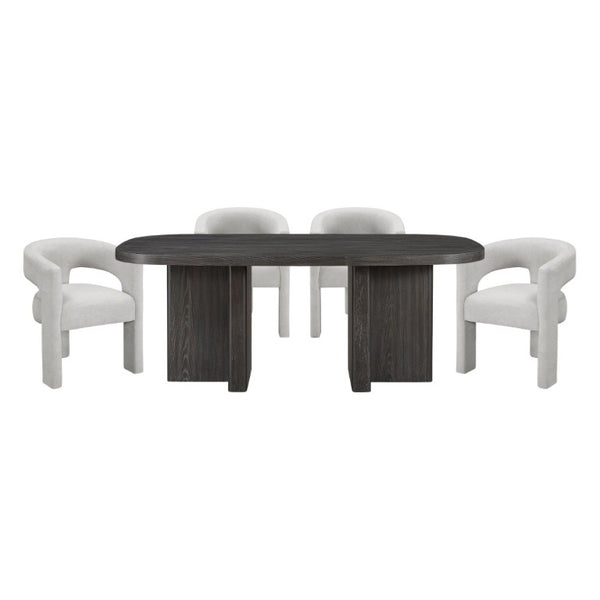 English Elm Modern Five Piece Dining Set Oak Veneer Table with Boucle Armchairs Ebony Finish B011S02670