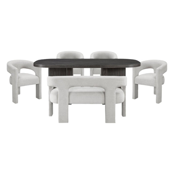 English Elm 6-Piece Contemporary Dining Set Ebony Wood Table Boucle Chairs and Bench Seats Six B011S02671
