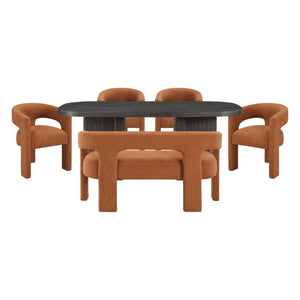 English Elm 6-Piece Modern Dining Set Ebony Oak Table with Boucle Armchairs and Bench for Six B011S02672