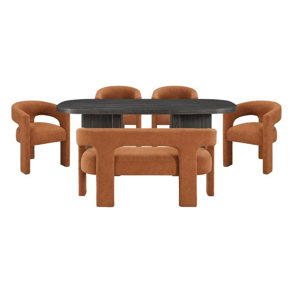 English Elm 6-Piece Modern Dining Set Ebony Oak Table with Boucle Armchairs and Bench for Six B011S02672